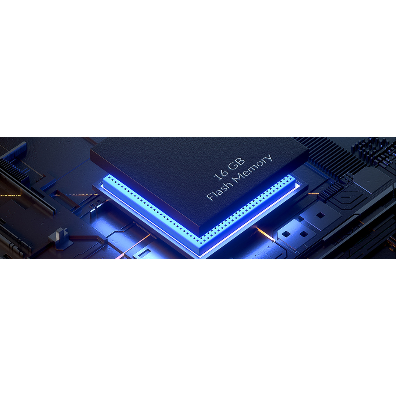 Primo piano di un chip con il testo: '16 GB Flash Memory'.