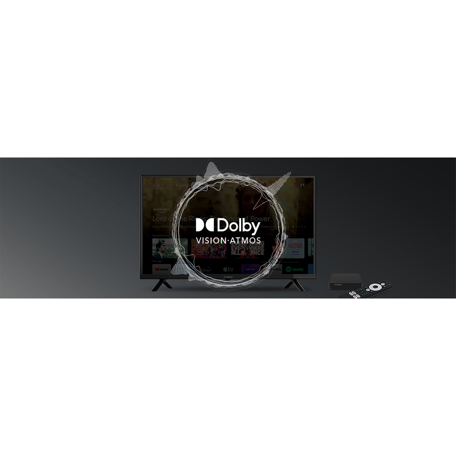 Schermo TV che mostra una scena di un film. Un logo Dolby Atmos è al centro dello schermo.