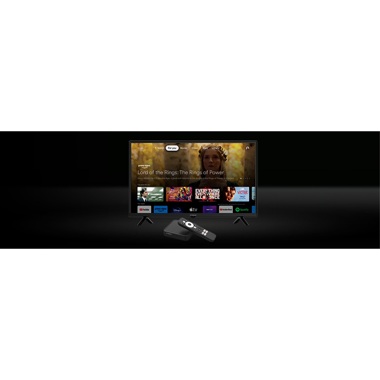 Televisione con interfaccia app di streaming, telecomando e set-top box.