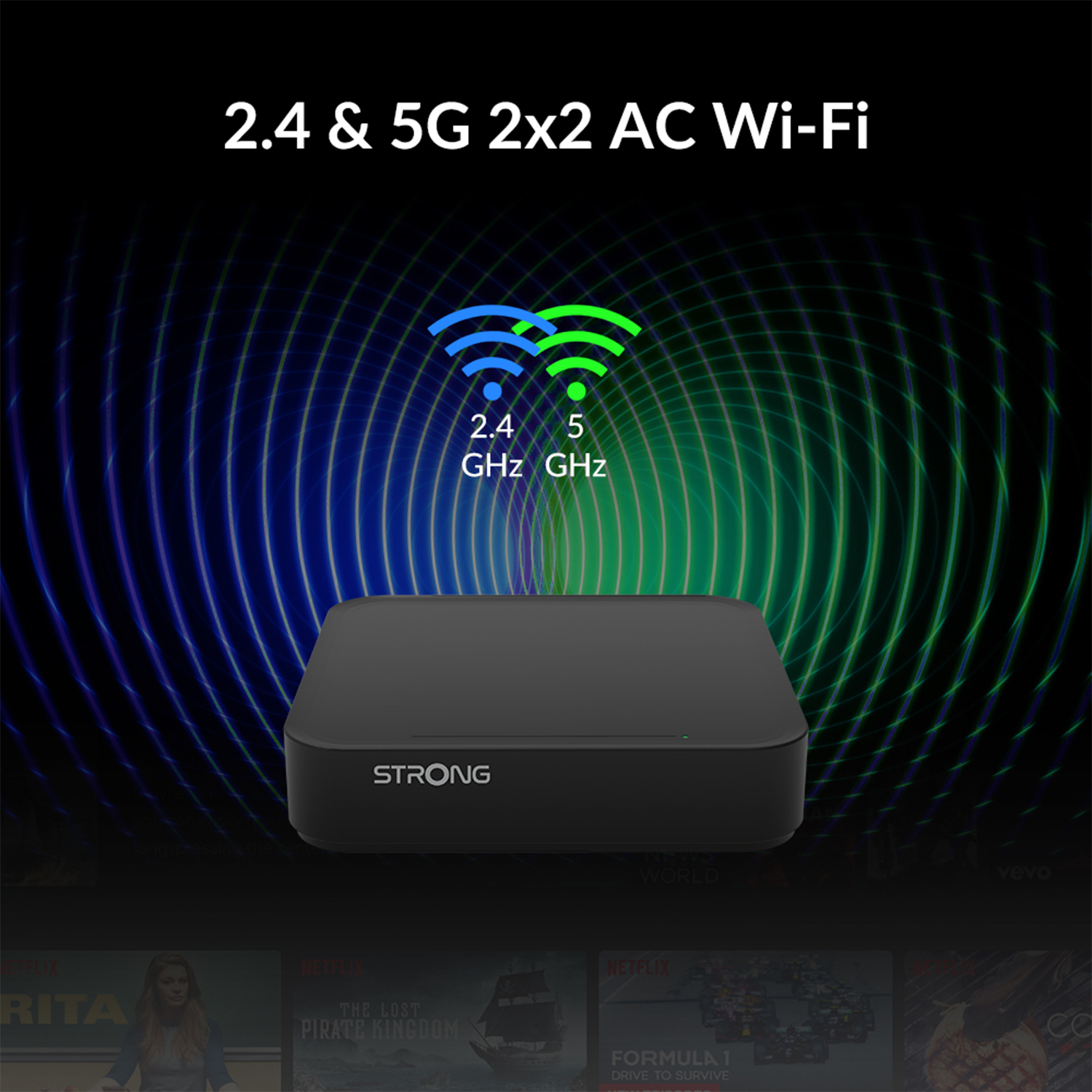 Router nero con icone Wi-Fi e testo '2.4 & 5G 2x2 AC Wi-Fi'. Sfondo con motivo colorato.