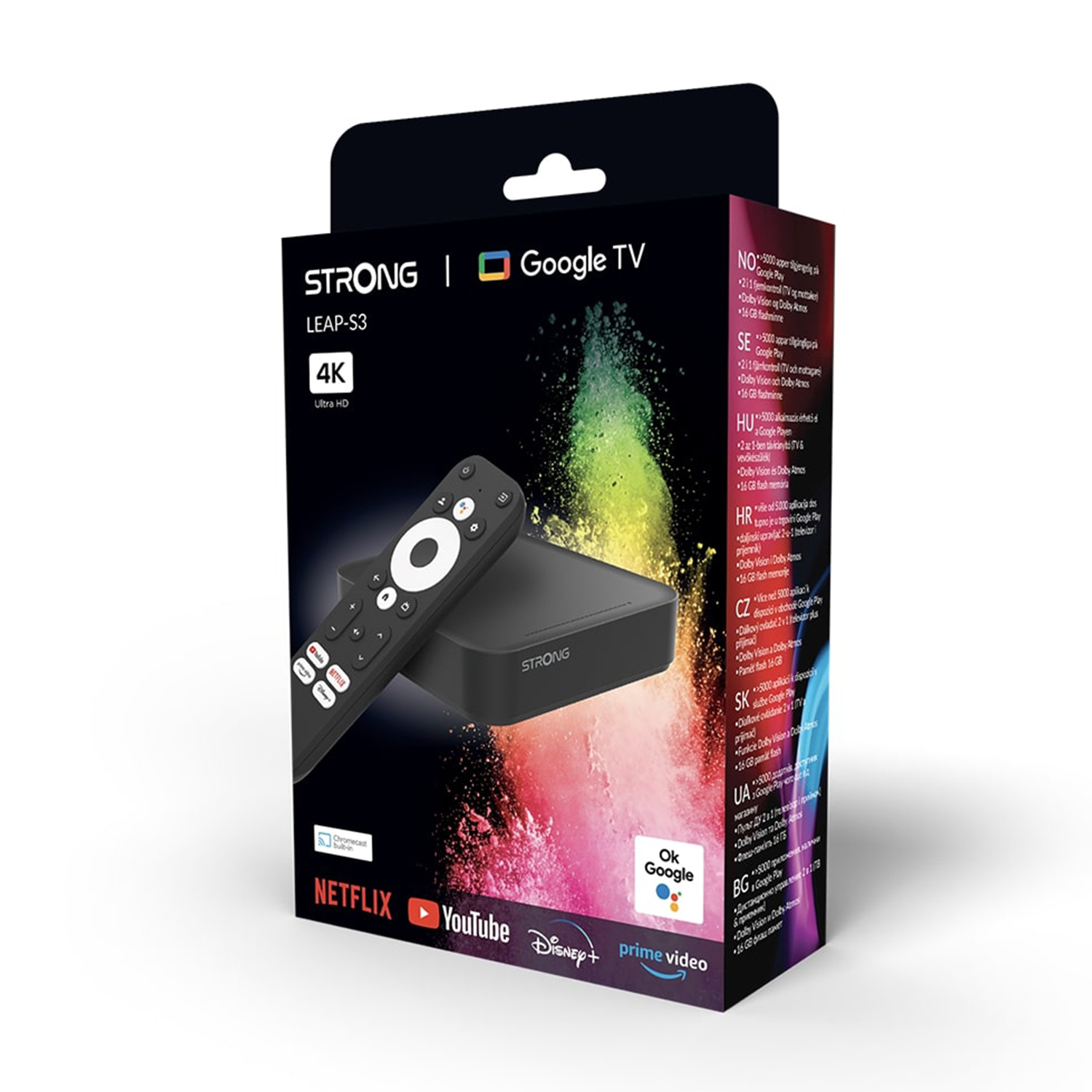 Scatola per un dispositivo Google TV, un telecomando e dettagli del prodotto.