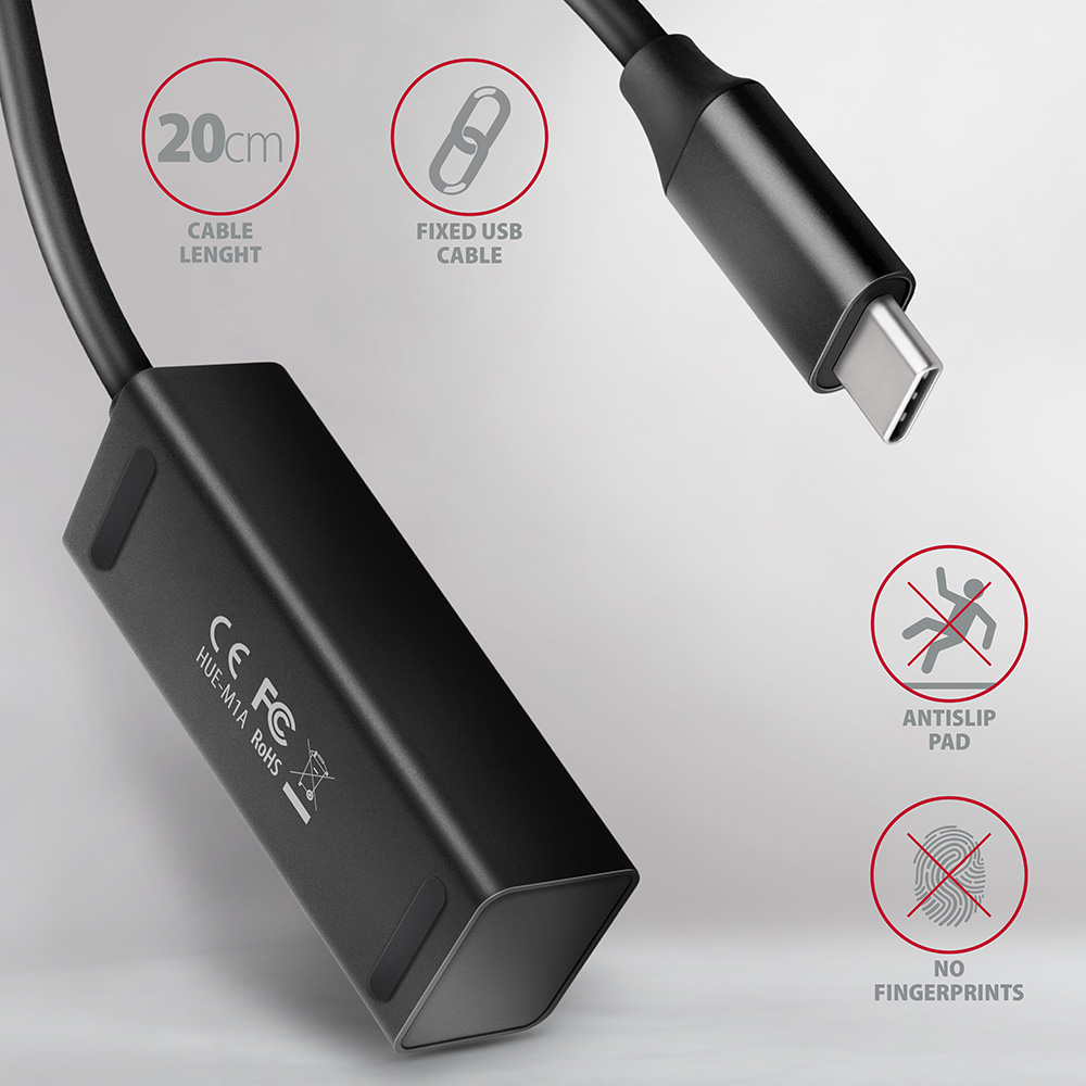 Egy fekete USB-C kábel csatlakozóval, fix USB kábellel, valamint ujjlenyomatmentesség és csúszásgátló párna ikonokkal.