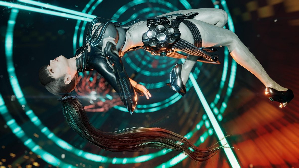 Futuristische vrouw met lang haar, in het zwart, in een sci-fi omgeving, met neonlichten en kabels.
