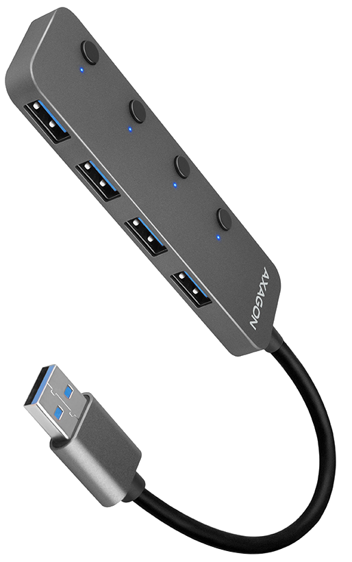 AXAGON USB 3.2 Gen1 4 portos HUB, portonként kapcsolható, 20 cm kábel (HUE-MSA)