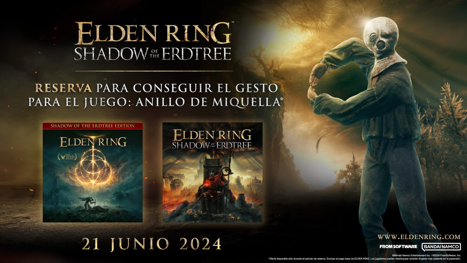 Anuncio de Elden Ring: Shadow of the Erdtree. Una figura enmascarada gesticula. Cajas de juego y texto también visibles. 21 de junio de 2024.