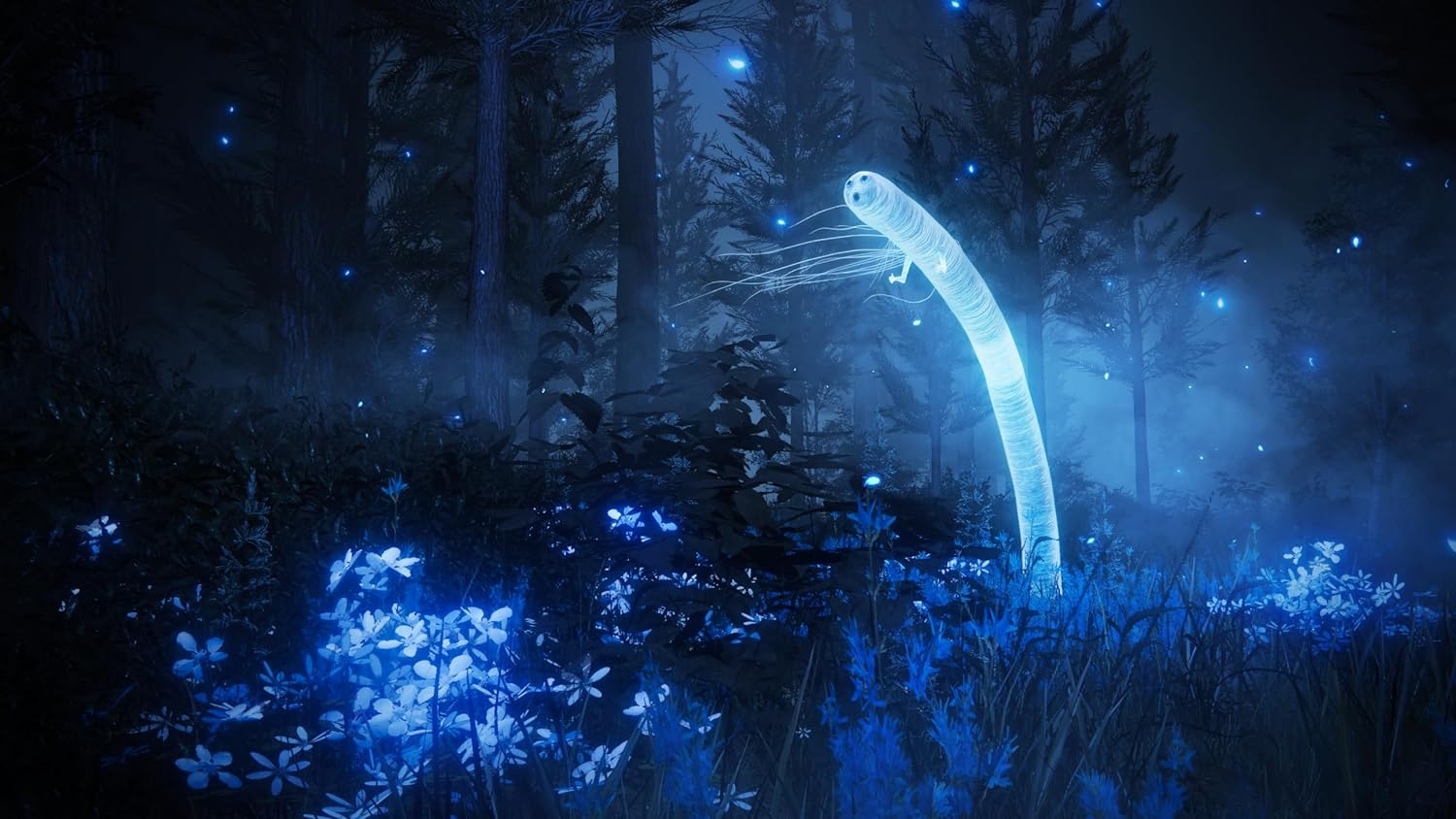 Una criatura brillante, azul, parecida a un gusano en un bosque oscuro con flores azules.