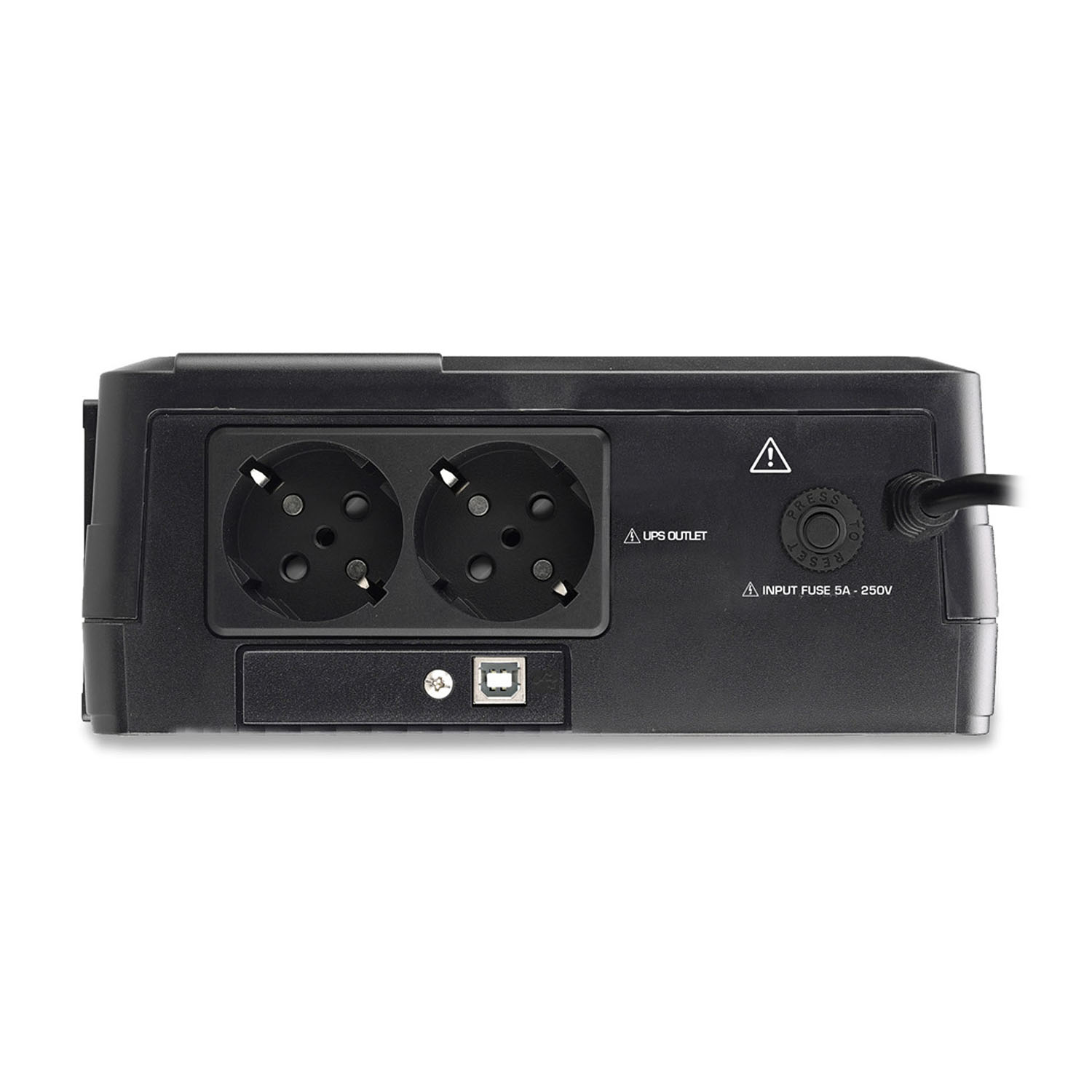 Vista posteriore di un dispositivo UPS nero con prese, porta USB e accesso al fusibile.