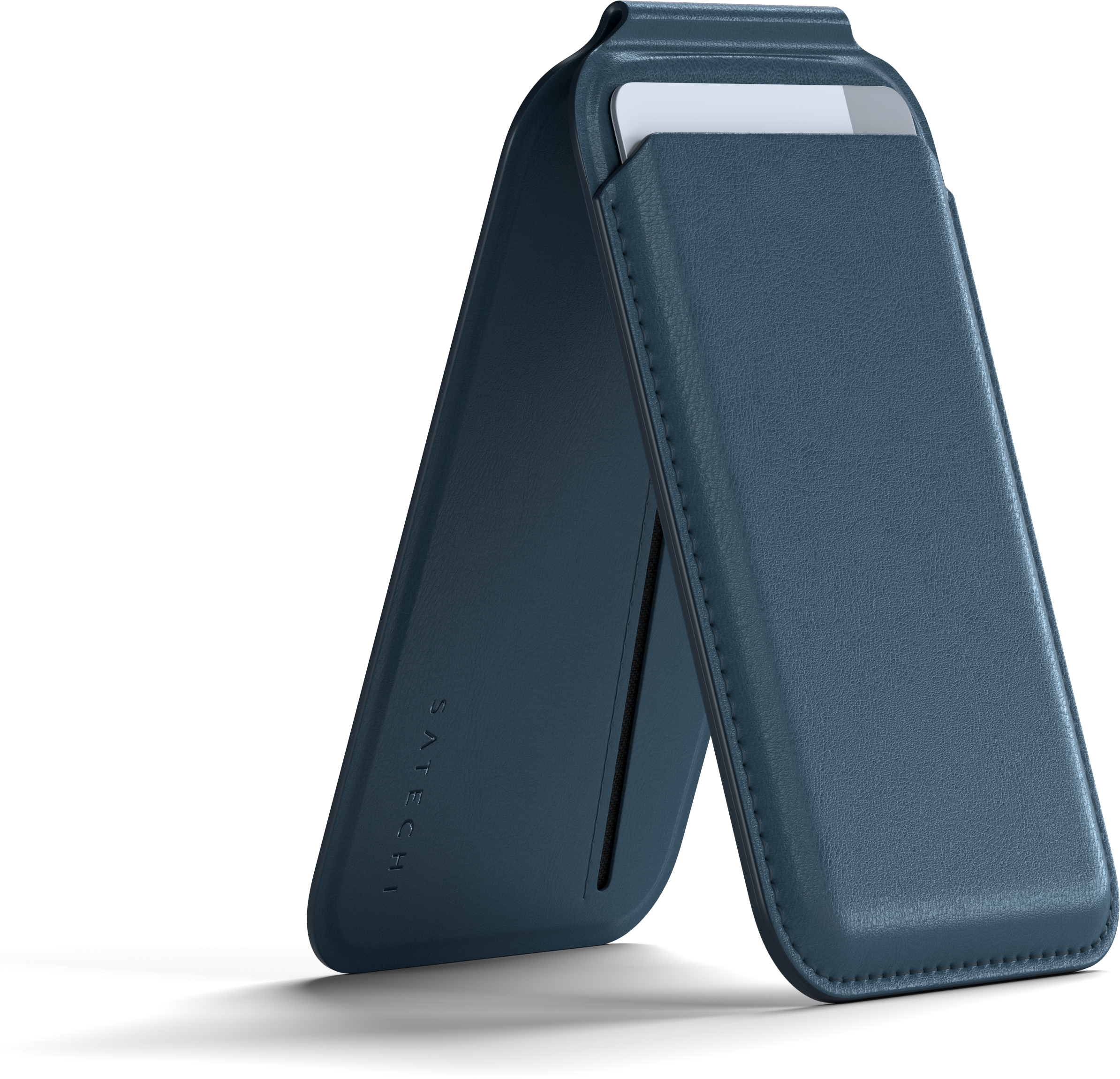 SATECHI Vegán bőr mágneses pénztárca, állvány iPhone 12/13/14/15 modellekhez, sötétkék (ST-VLWB)