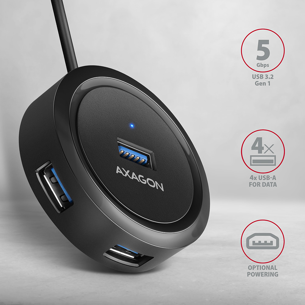 Fekete Axagon USB hub, USB portokkal és ikonokkal.
