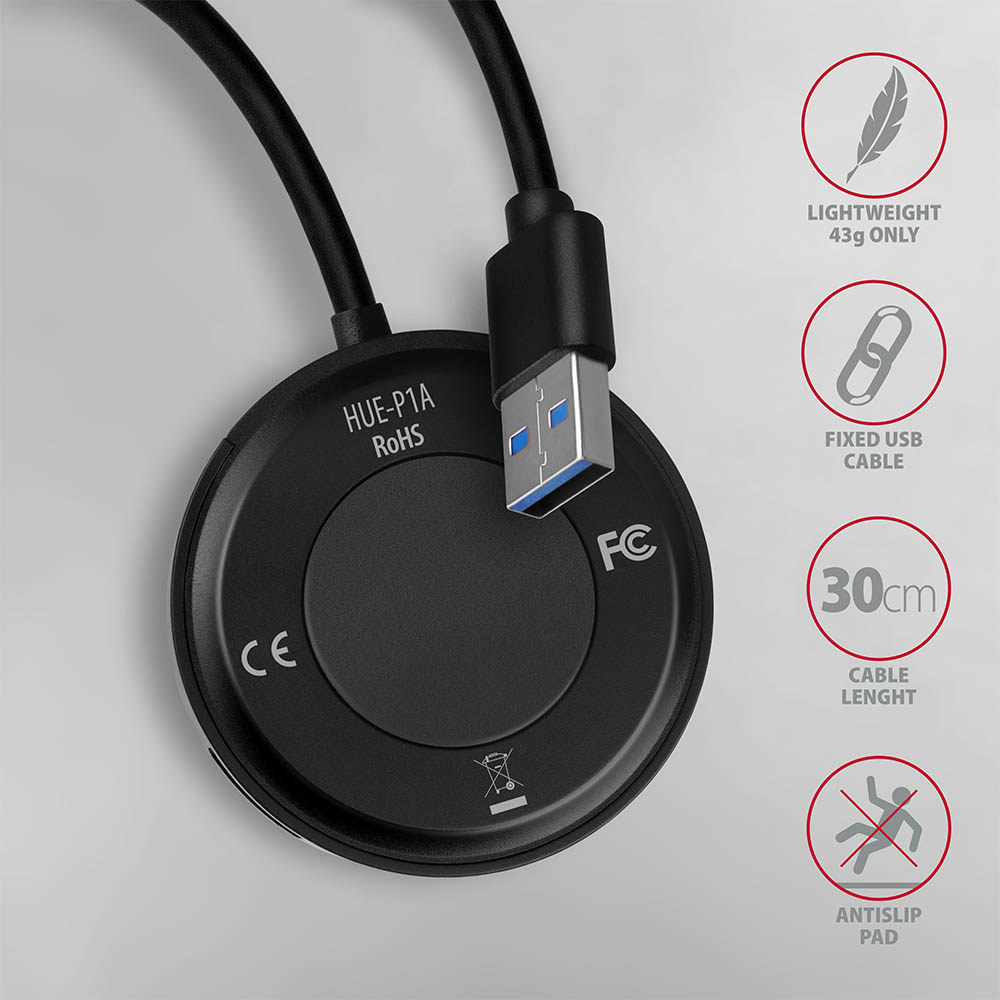 Fekete USB hub, USB kábellel és ikonokkal, amelyek a könnyű súlyt, USB kábelt és csúszásgátlót jelzik.