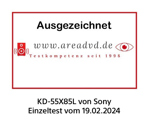 Fond blanc avec texte encadré en rouge : 'Ausgezeichnet' et 'www.areadvd.de'. Modèle de téléviseur Sony KD-55X85L.
