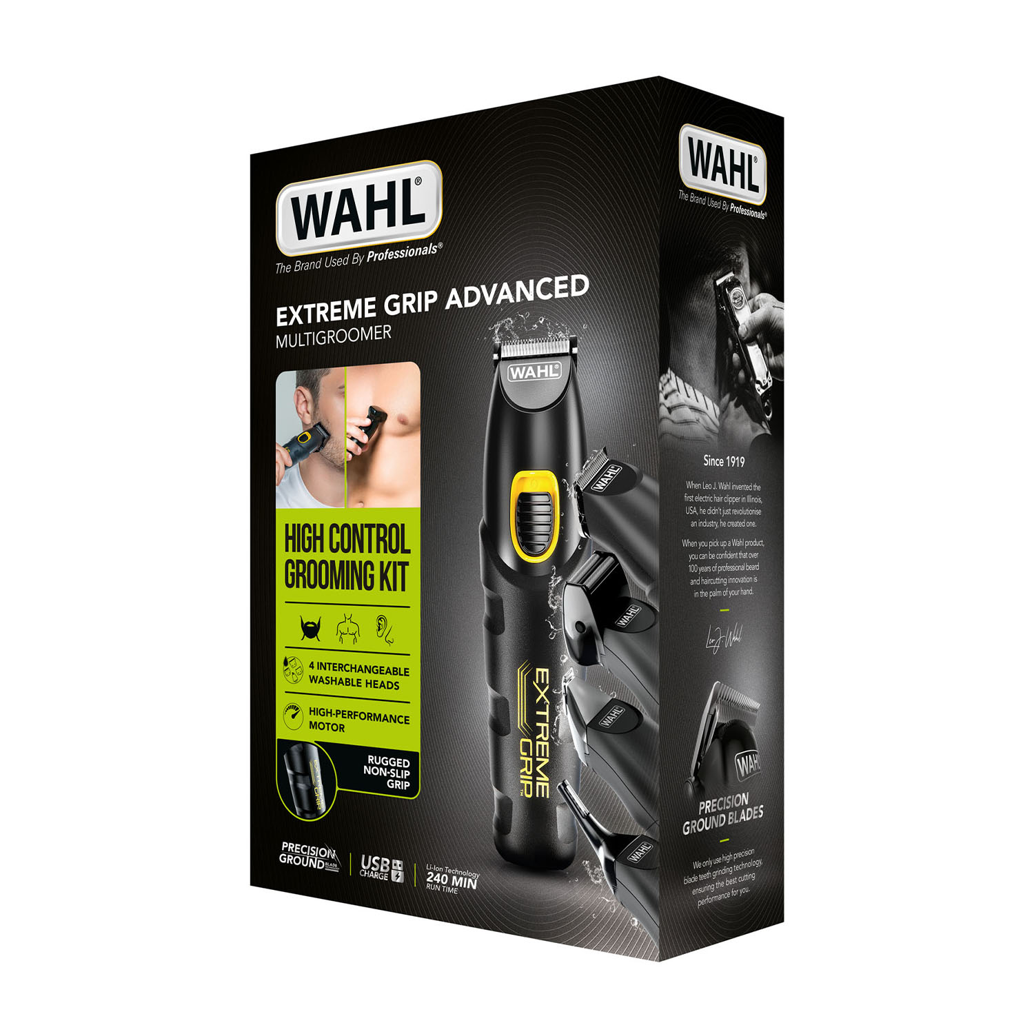 Una scatola di multigroomer Wahl Extreme Grip, che mostra il prodotto e le sue caratteristiche con testo.