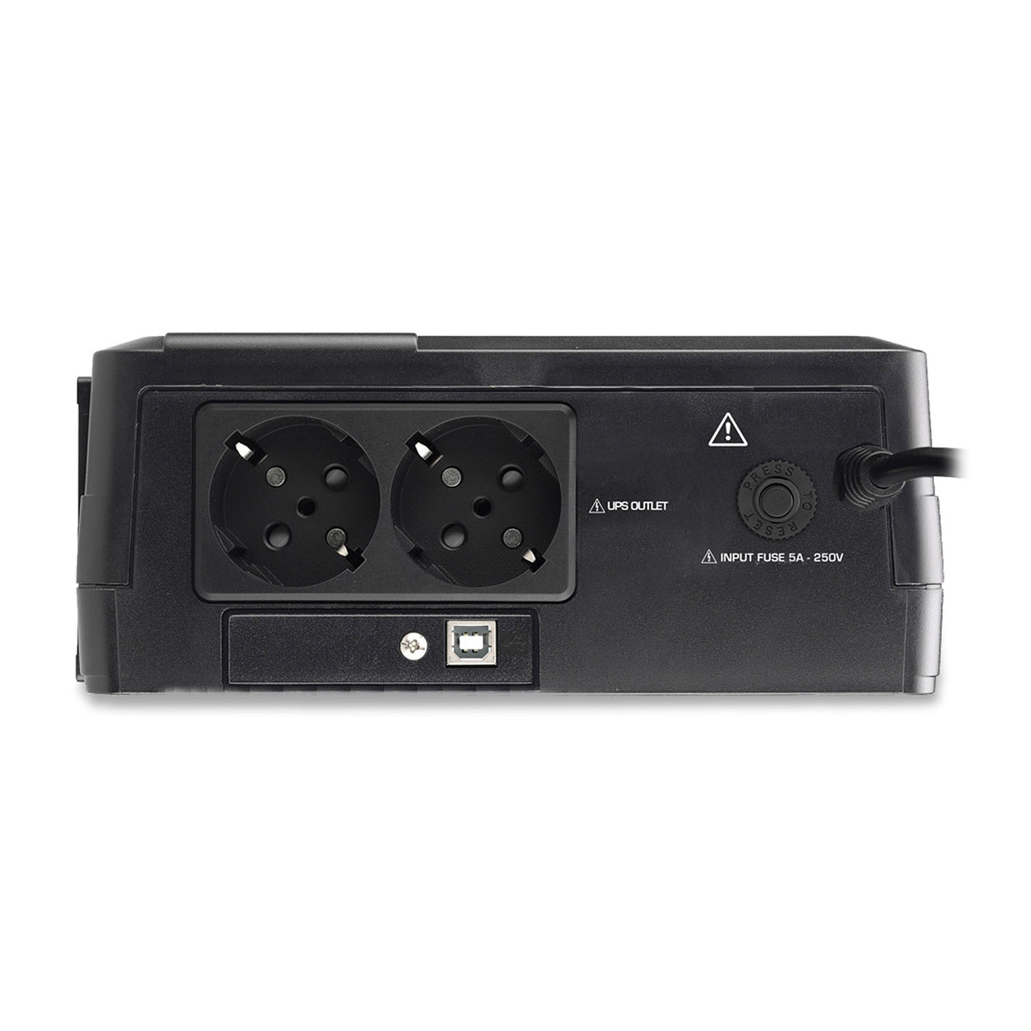 Il retro di un gruppo di continuità nero con due prese e una porta USB. C'è un fusibile e un pulsante di accensione.