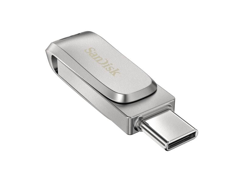 Silberner Sandisk USB Typ-C-Flash-Laufwerk auf weißem Hintergrund. Zeigt den USB-C-Anschluss.
