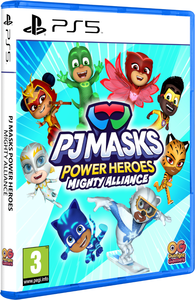A PJ Masks Power Heroes PS5 játékborítója. Jelmezes karakterek láthatók. A háttér kék, a játék címével a közepén.