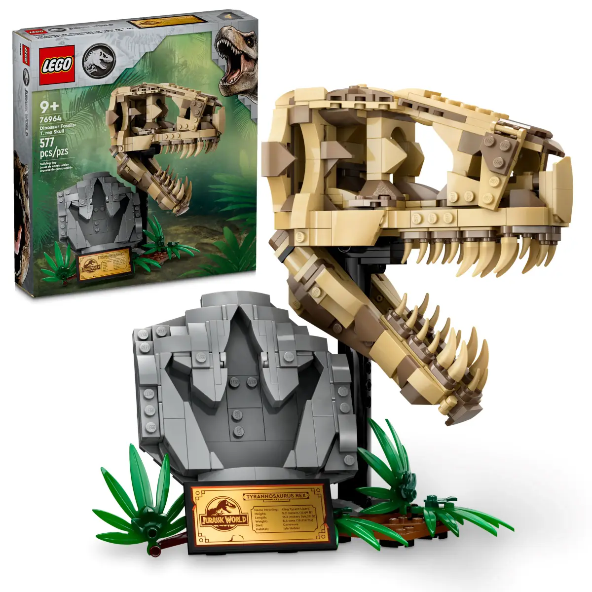 Zestaw Lego z czaszką T-Rexa, podstawą ekspozycyjną i pudełkiem w tle.