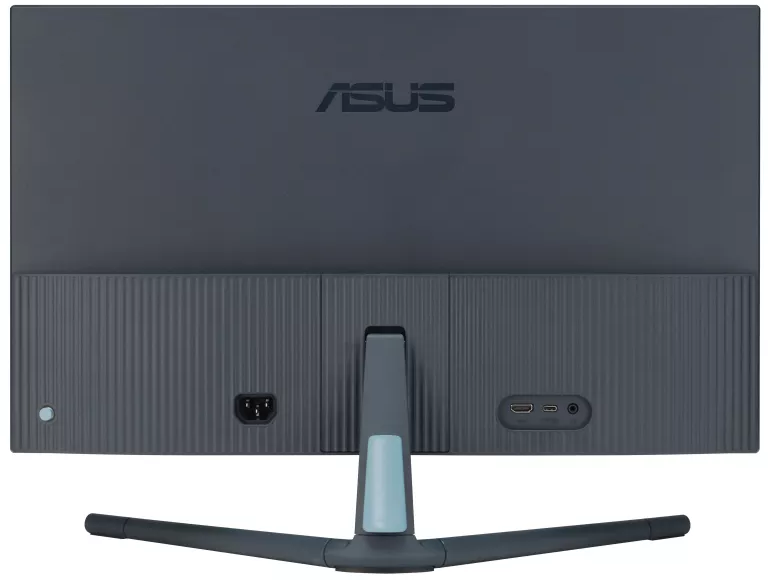 Az ASUS monitor hátulnézete, sötétszürke színben, portokkal és állvánnyal.