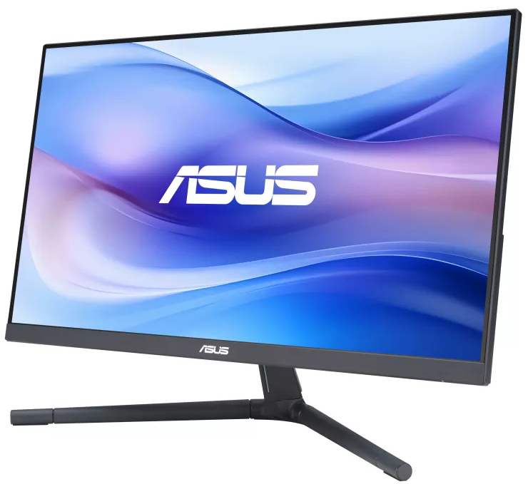 Asus monitor fehér háttéren. A képernyő kék és lila átmenetet jelenít meg.