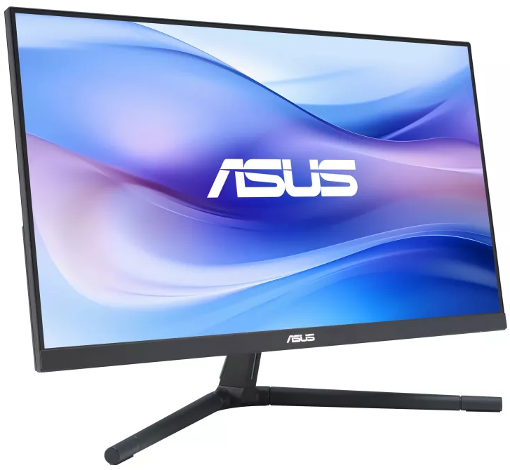 ASUS monitor fekete kerettel. A képernyő kék és lila absztrakt dizájnt jelenít meg.