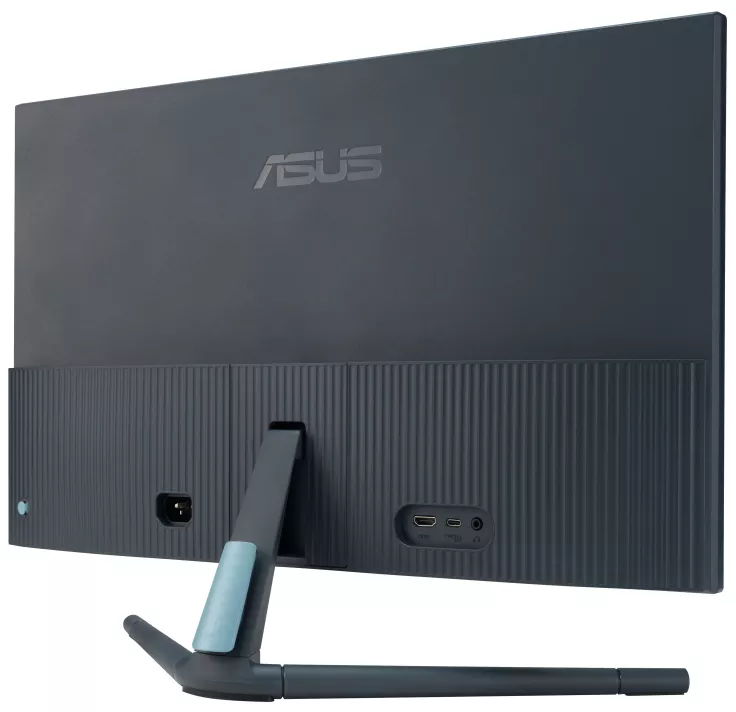 Egy fekete Asus monitor hátulja. Tartalmazza a portokat: HDMI, DisplayPort, tápellátás és egy állványt.
