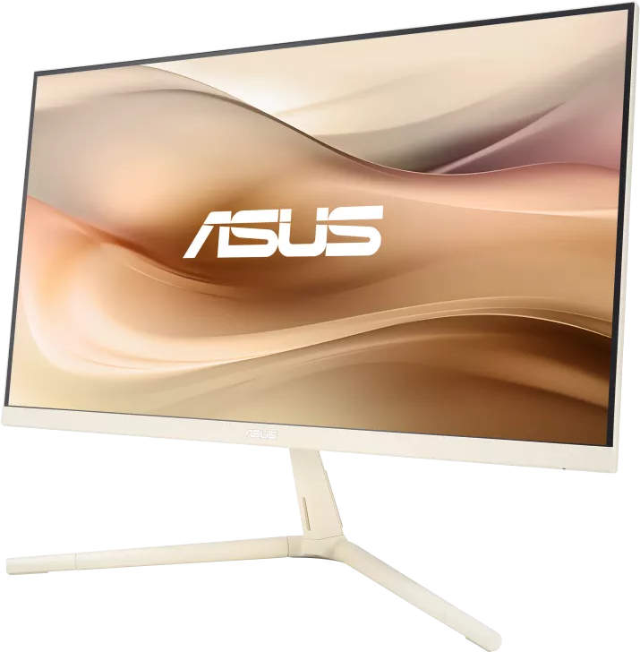 Egy ASUS számítógépmonitor fehér kerettel és állvánnyal, amely egy arany gradiens képet jelenít meg.