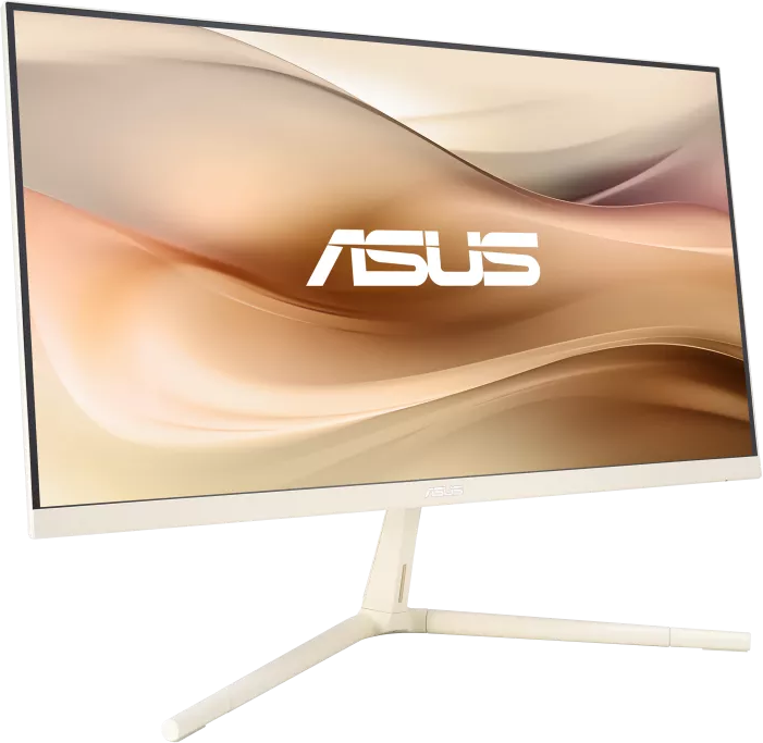 Asus számítógép monitor, törtfehér keret és állvány, absztrakt háttér.