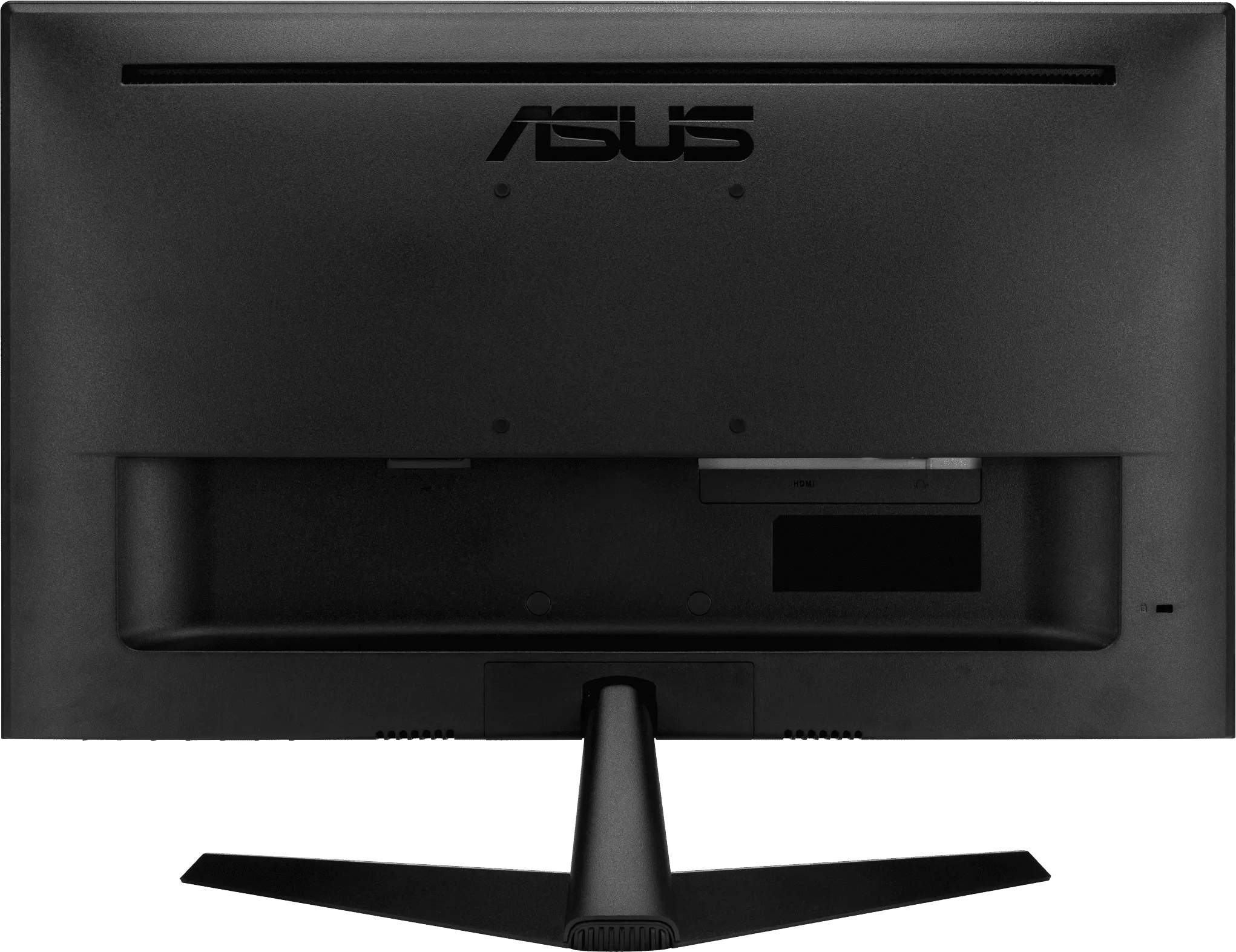 Egy fekete ASUS monitor hátulja, portokkal és a márkanévvel.