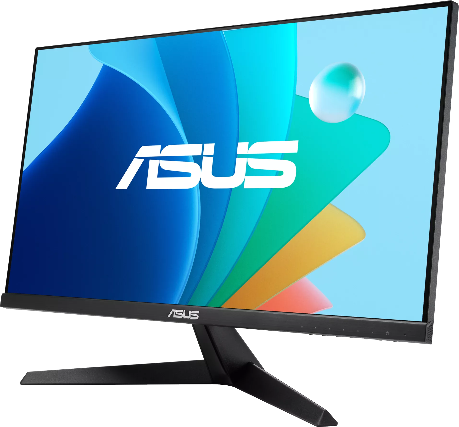 ASUS monitor fekete állvánnyal, színes, absztrakt háttérrel.