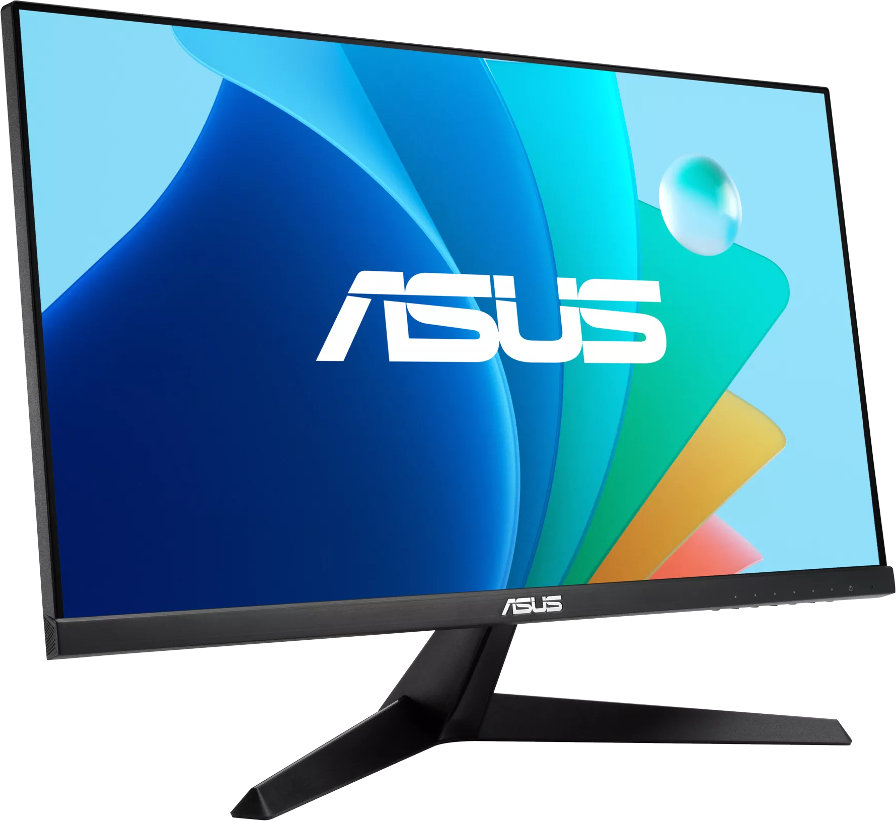 Egy ASUS monitor kék és zöld absztrakt háttérrel, az ASUS logóval.