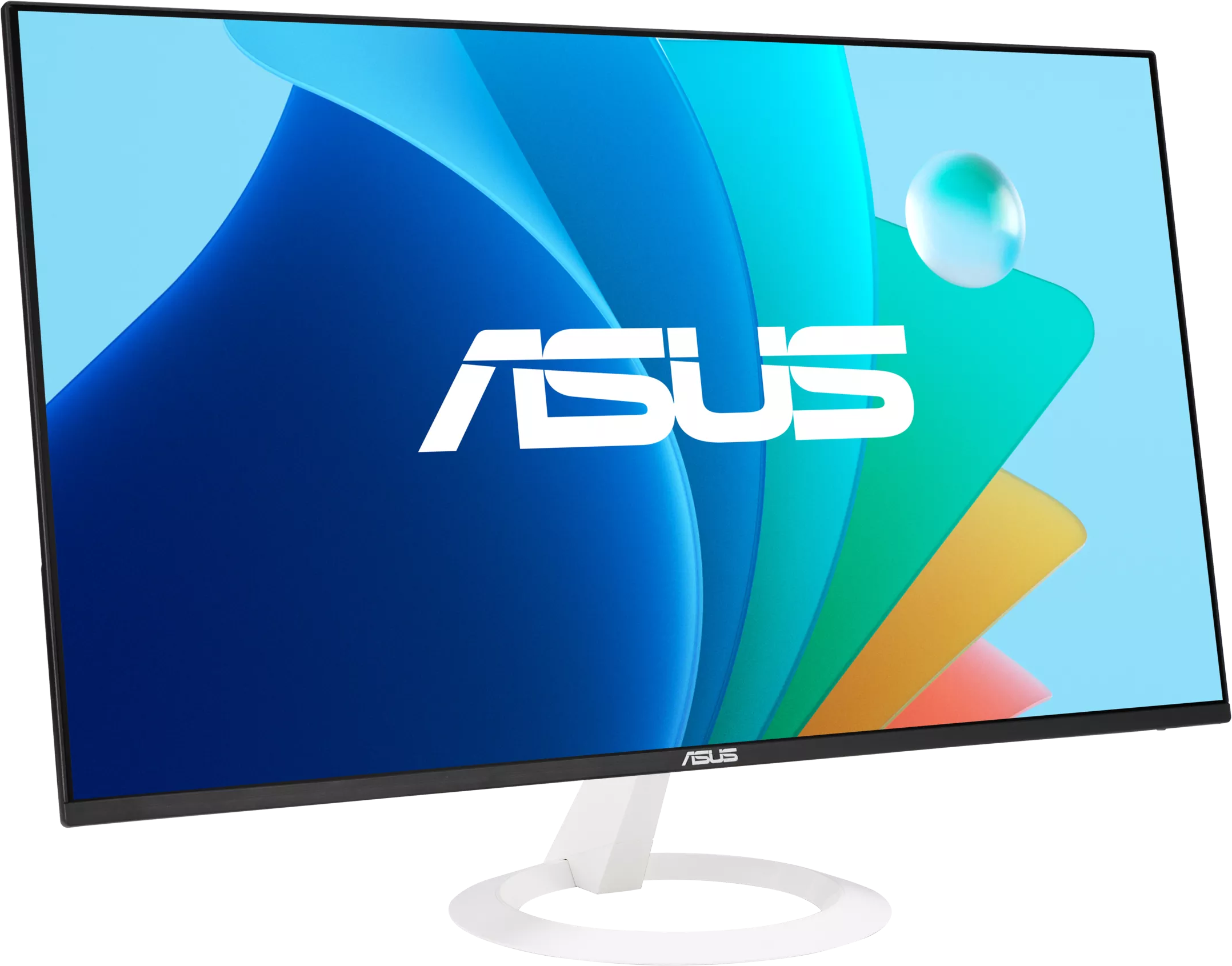 ASUS monitor fehér alappal, színes kijelző kék, zöld, narancs színekkel.