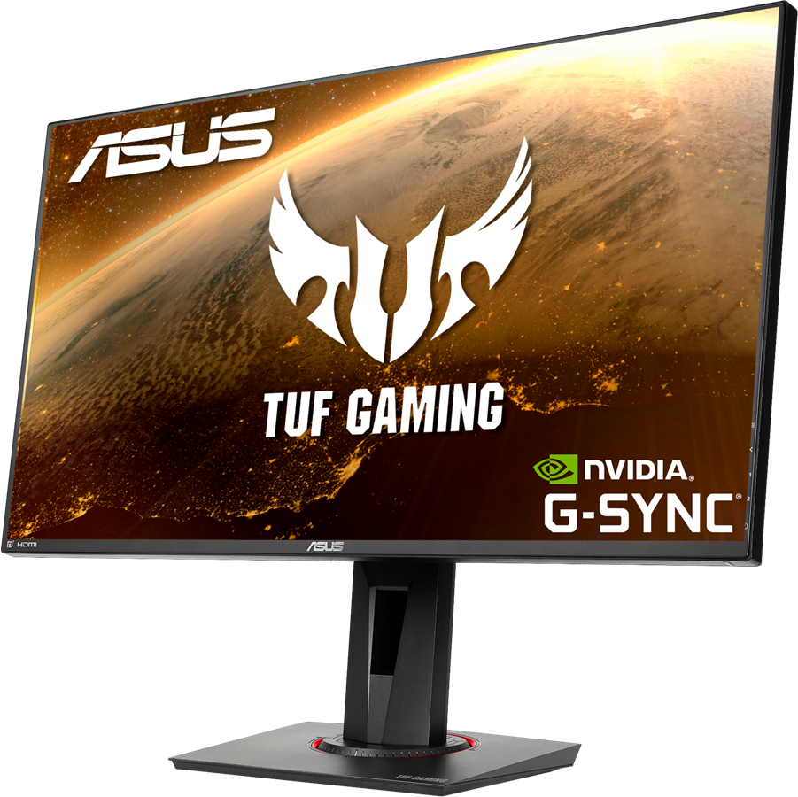 Fekete ASUS TUF Gaming monitor. A képernyő egy világ-szerű képet mutat egy nagy fehér logóval.
