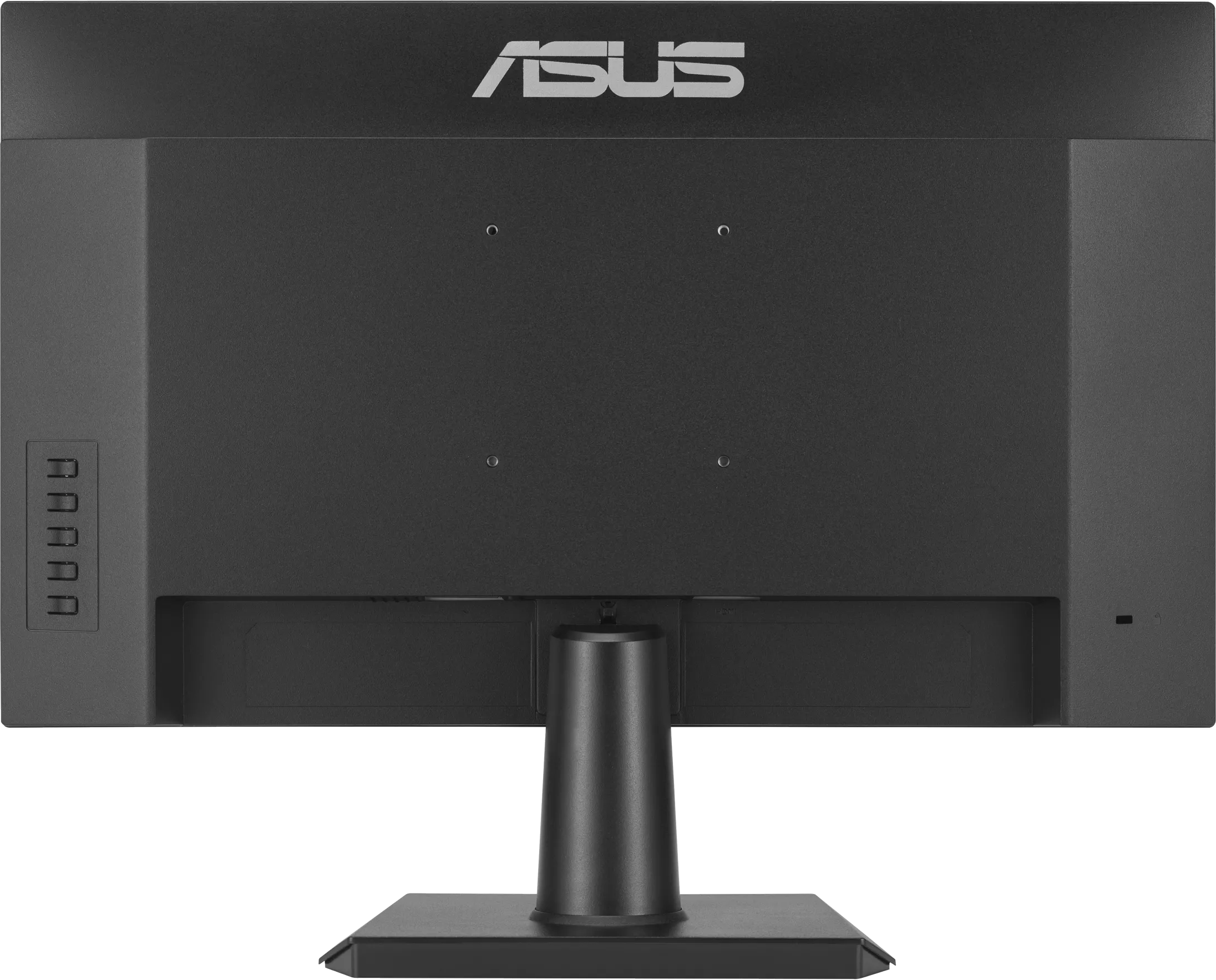 Egy fekete ASUS monitor hátulnézete, több porttal. A tartó és a logó látható.