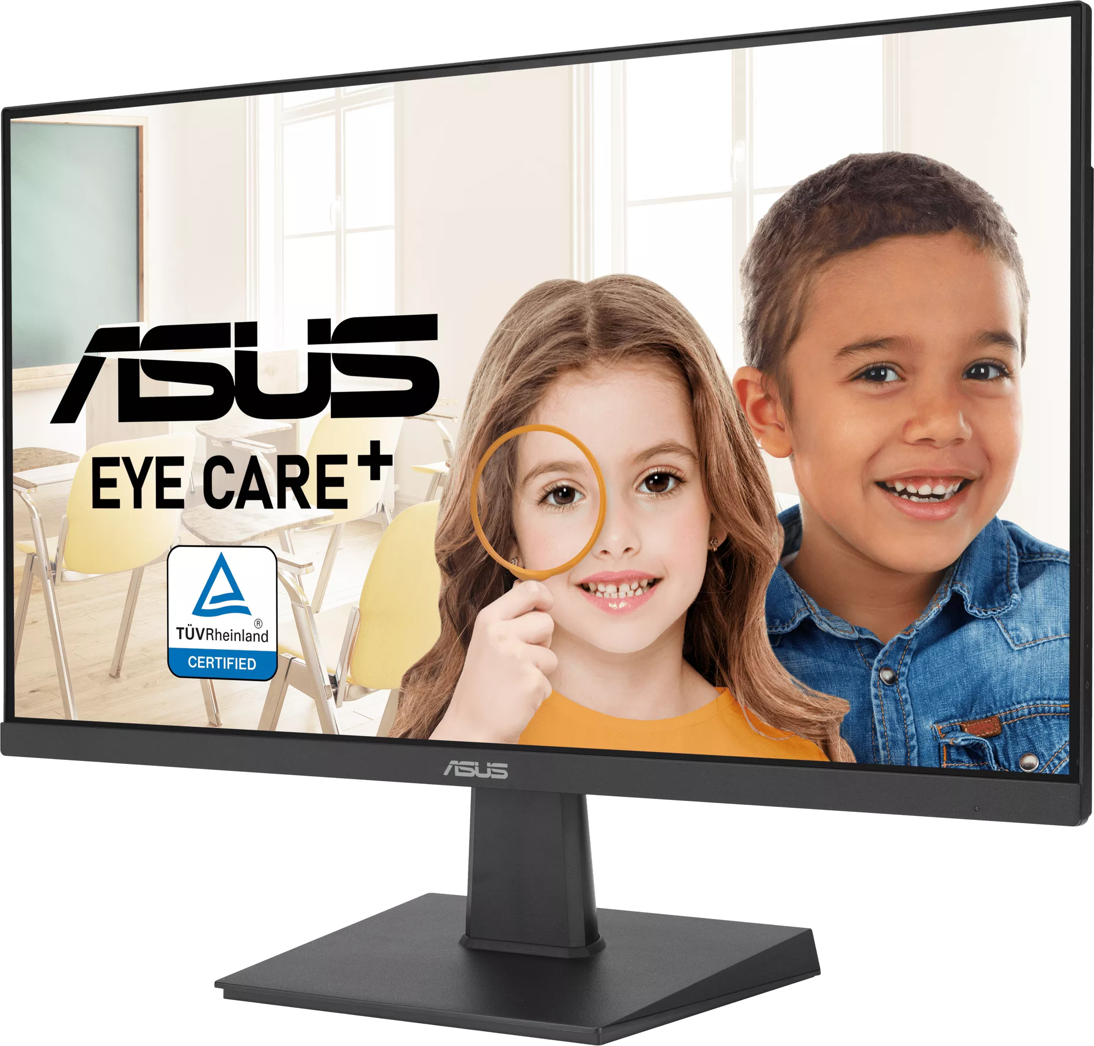 ASUS monitor, amely egy nagyítót tartó lányt mutat egy mosolygó fiú mellett.