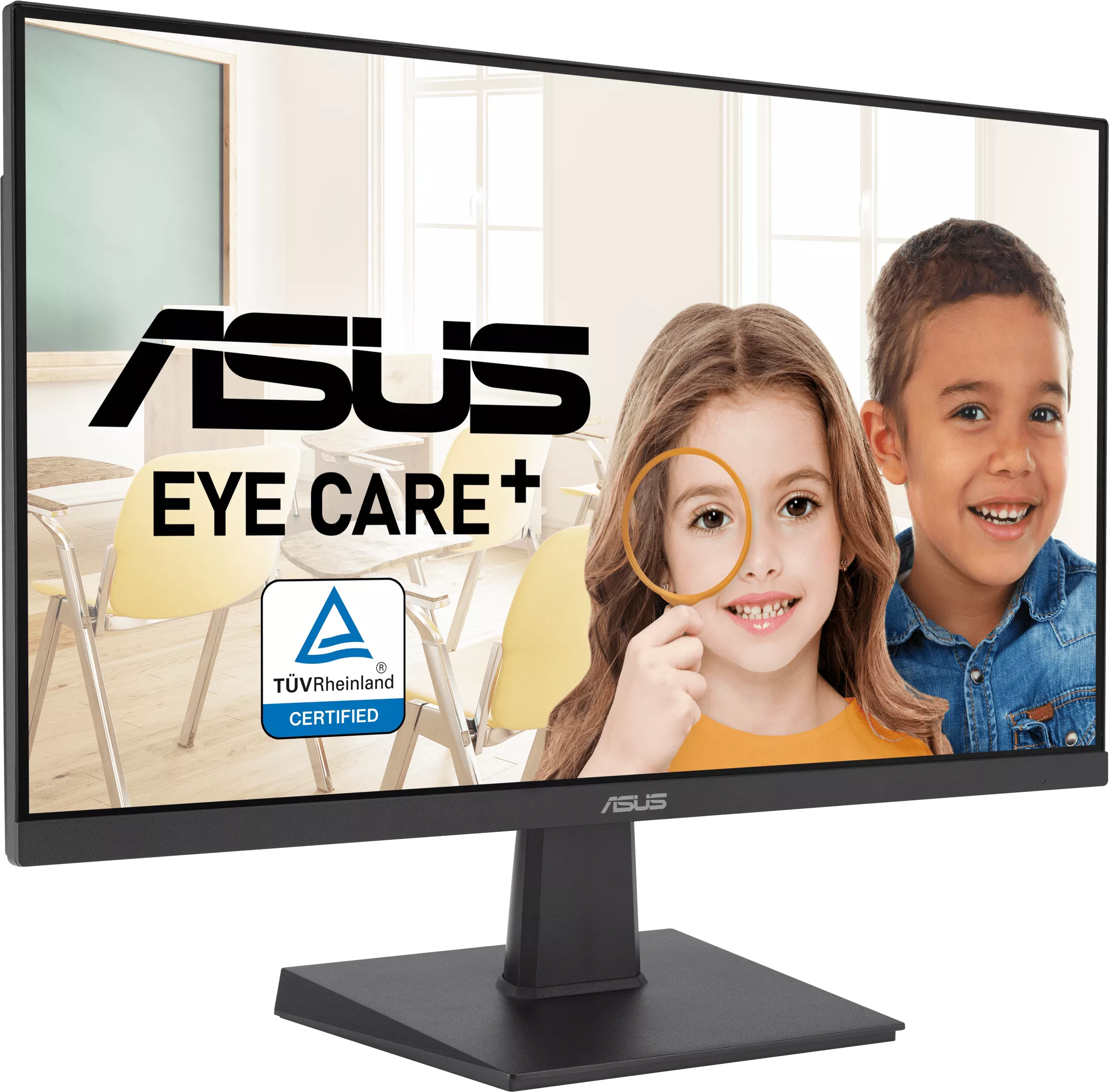 ASUS monitor gyerekekkel, akik a képernyőt nézik. Eye Care+ logó és egy osztályterem háttér.