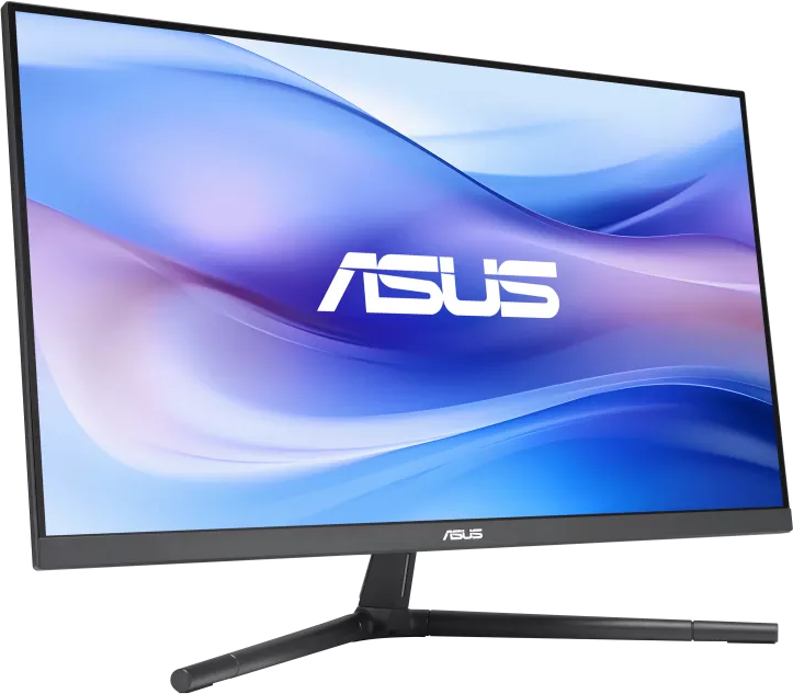 Asus számítógép monitor ívelt képernyővel. Kék-fehér háttérrel rendelkezik a logóval.