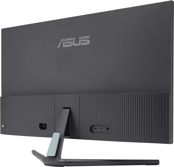 Sötétszürke ASUS monitor hátulja. Portok és állvány látható.