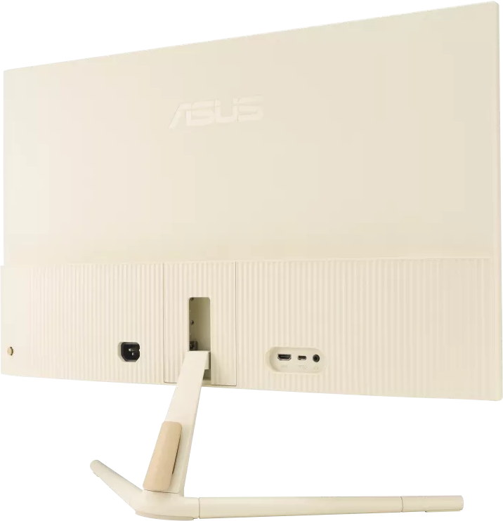 Egy törtfehér ASUS számítógép monitor hátulja, látható portokkal és állvánnyal. Az ASUS logója felül.