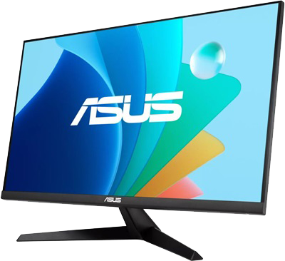Asus monitor fekete kerettel, fekete állvánnyal, kék-fehér képernyővel.