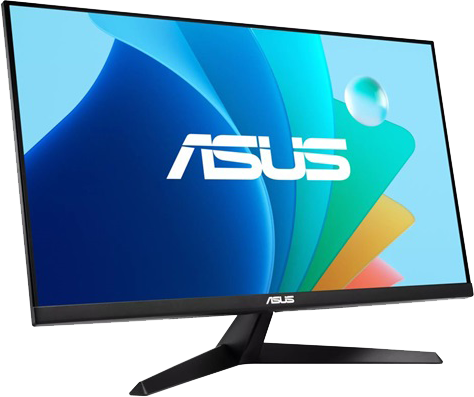 Egy Asus számítógép monitor fekete állvánnyal, színes grafikát jelenít meg.
