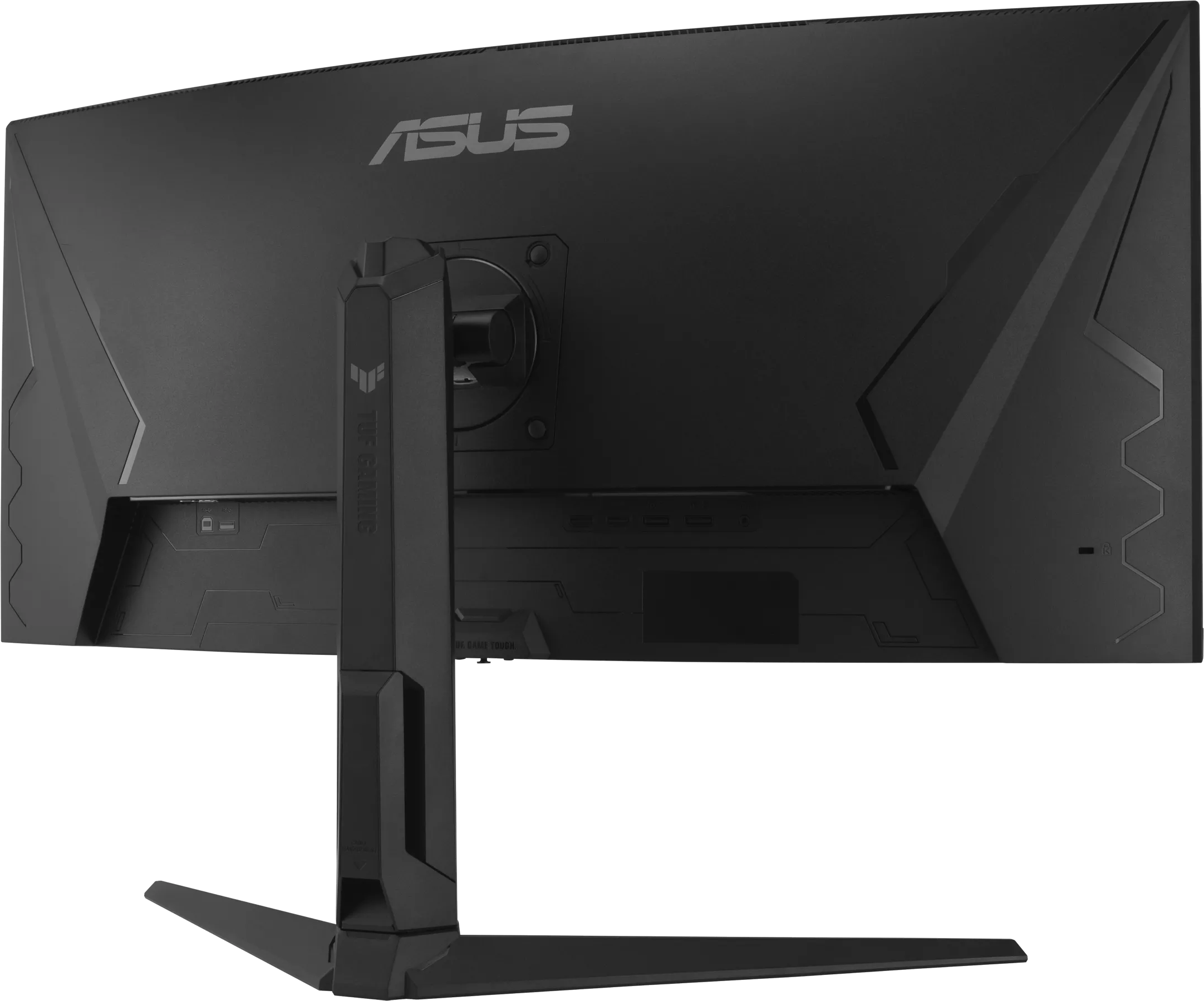 Fekete monitor hátulnézete portokkal és állvánnyal, ASUS TUF Gaming logó.