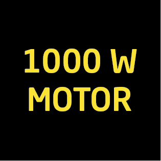 Gelber Text auf schwarzem Hintergrund mit der Aufschrift '1000 W MOTOR'.