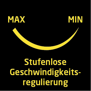Schwarzer Hintergrund mit gelber lächelnder Kurve und deutschem Text über Geschwindigkeitsregelung.