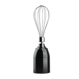 Ein schwarzer Aufsatz für einen Stabmixer mit einem silbernen Schneebesen.