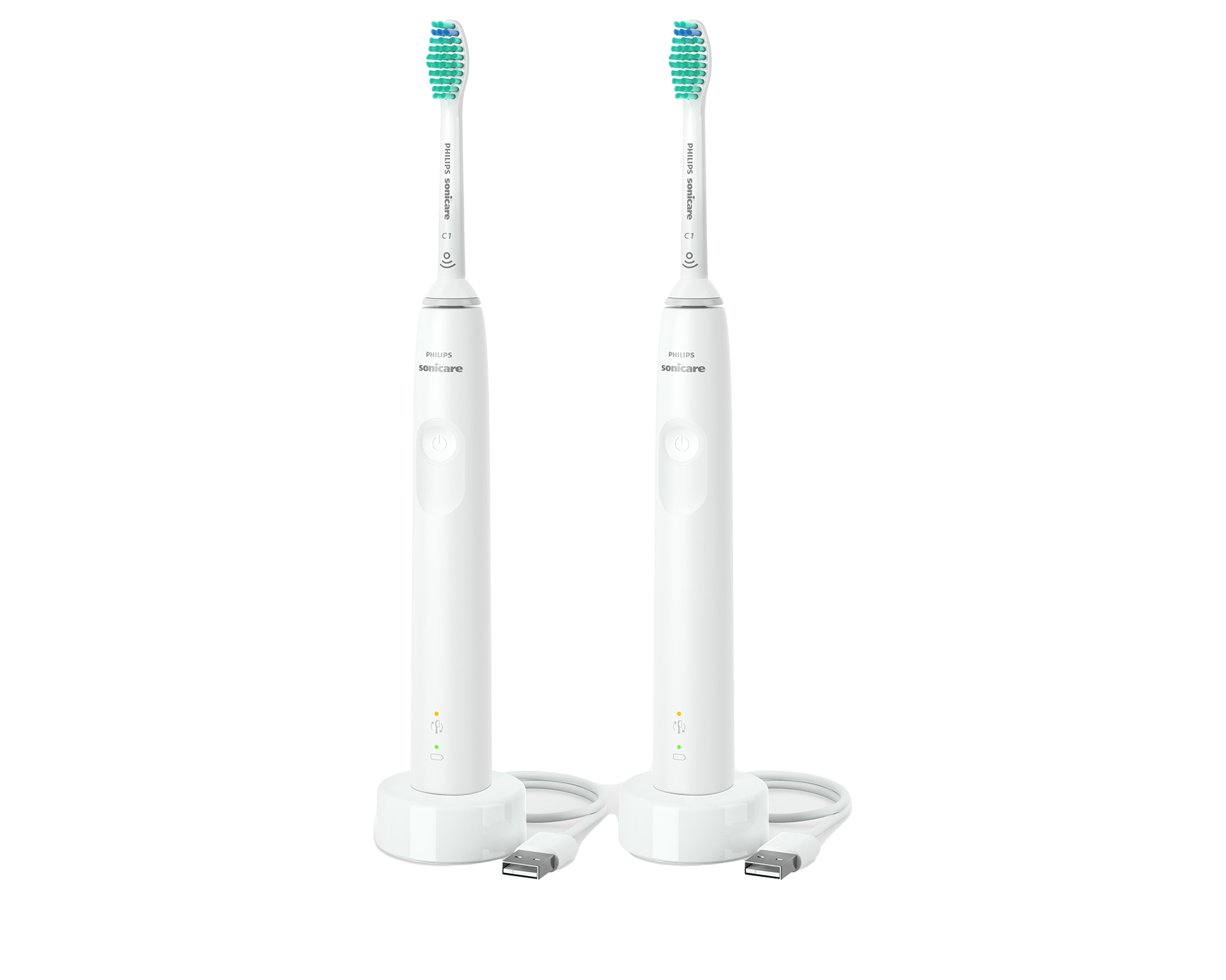 Two white electric toothbrushes with charging stands and green/blue bristles.