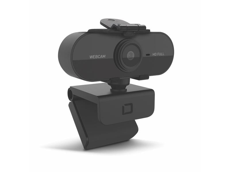 Eine schwarze Full-HD-Webcam mit verstellbarem Clip-Ständer vor weißem Hintergrund.