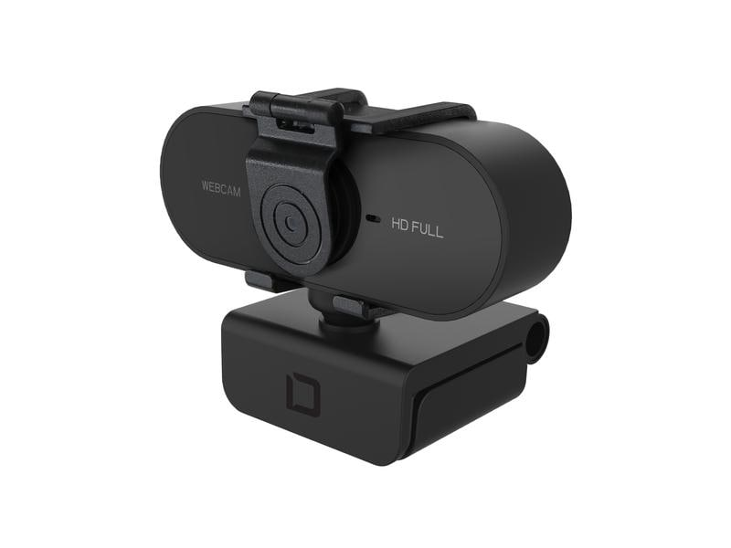 Eine schwarze Full-HD-Webcam mit angebrachtem Clip-Ständer auf weißem Hintergrund.