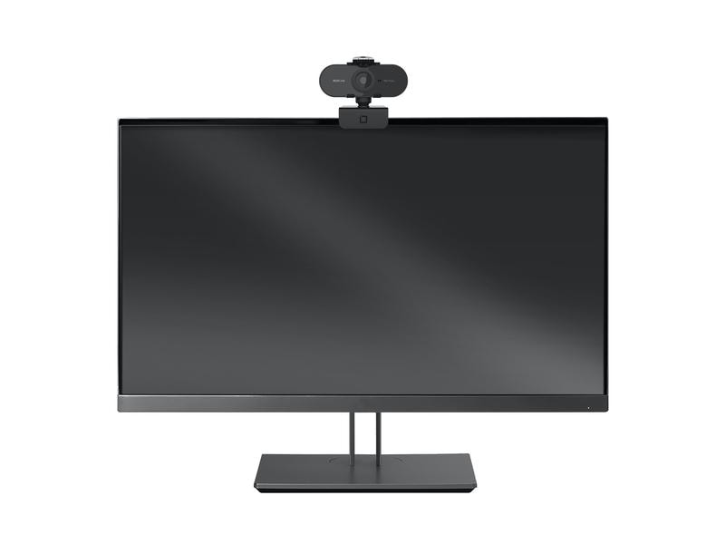 Ein schwarzer Computermonitor mit einer Webcam oben drauf, zentriert auf weißem Hintergrund.