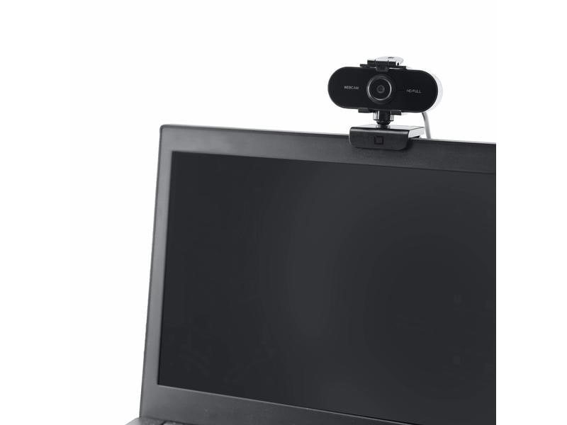 Eine schwarze Webcam ist auf dem oberen Rand eines offenen Laptops montiert.
