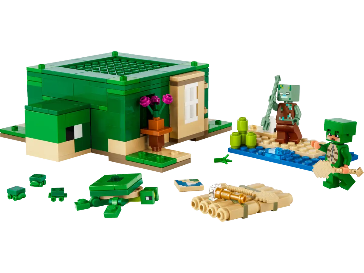 Zestaw Lego Minecraft z domkiem dla żółwia i figurkami. Zestaw zawiera żółwia.