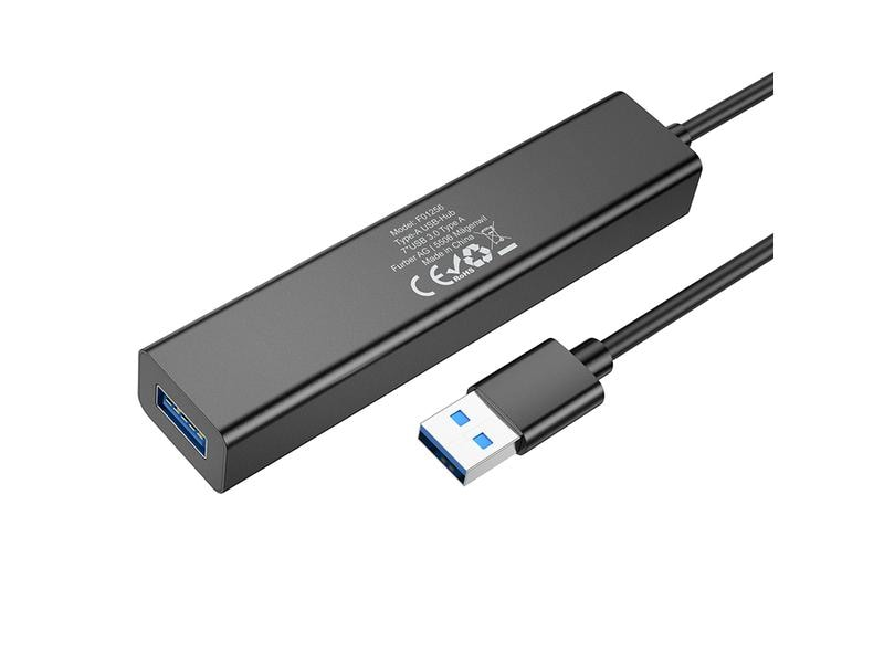 Un hub USB noir avec deux connecteurs USB et un câble noir sur fond blanc.